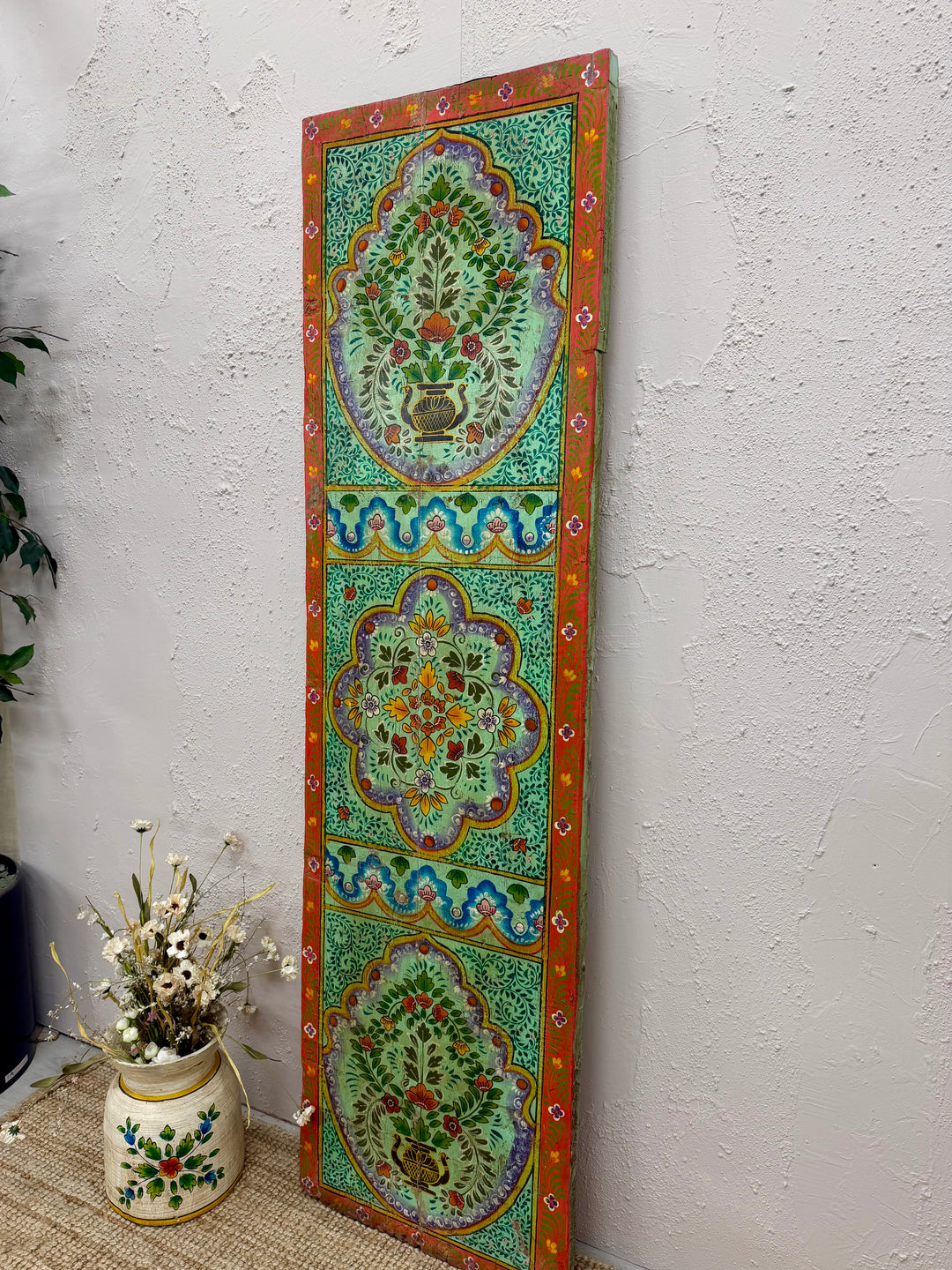 Vintage Hand-Painted Mango Wood Wall Panel – Floral Design, Red &amp; Green Finish