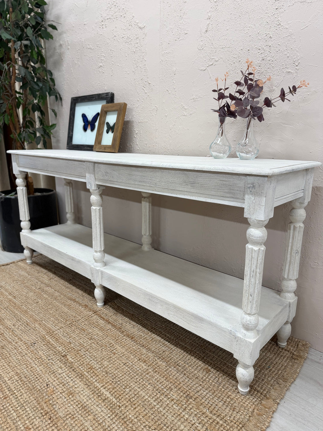Long Mango Wood Hand-Carved Console Table with Shelf – Whitewashed Finish