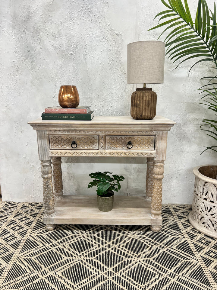 Two Drawer Mango Wood Console Table in Cream Wash