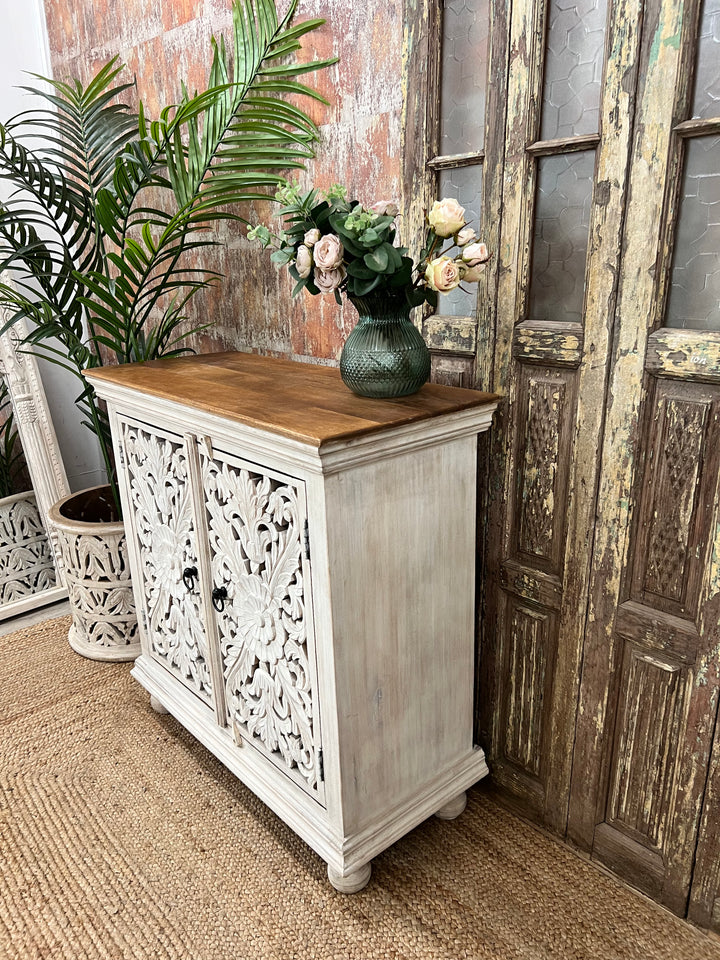 Elegant Whitewashed Hand-Carved Mango Wood Sideboard