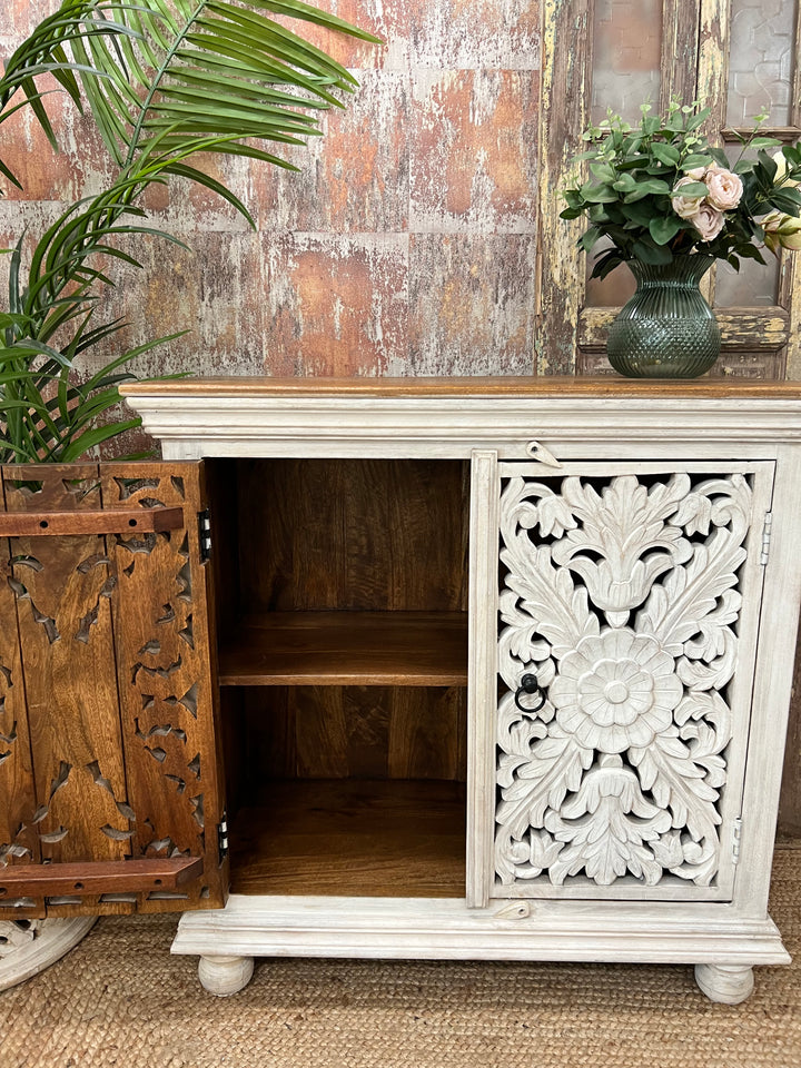 Elegant Whitewashed Hand-Carved Mango Wood Sideboard