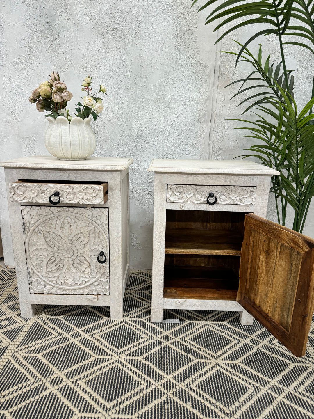 Pair of hand carved white bedside Tables