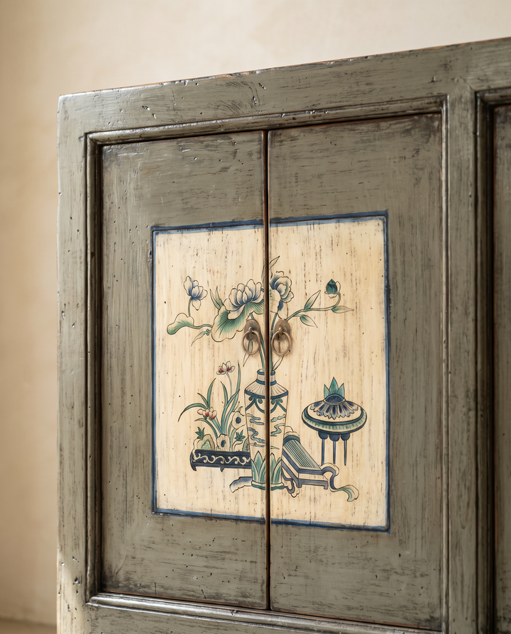 Distressed Grey Hand-Painted Pine Four Door Sideboard
