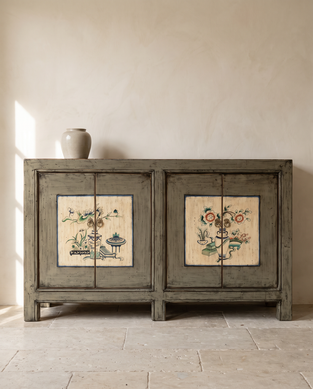 Distressed Grey Hand-Painted Pine Four Door Sideboard