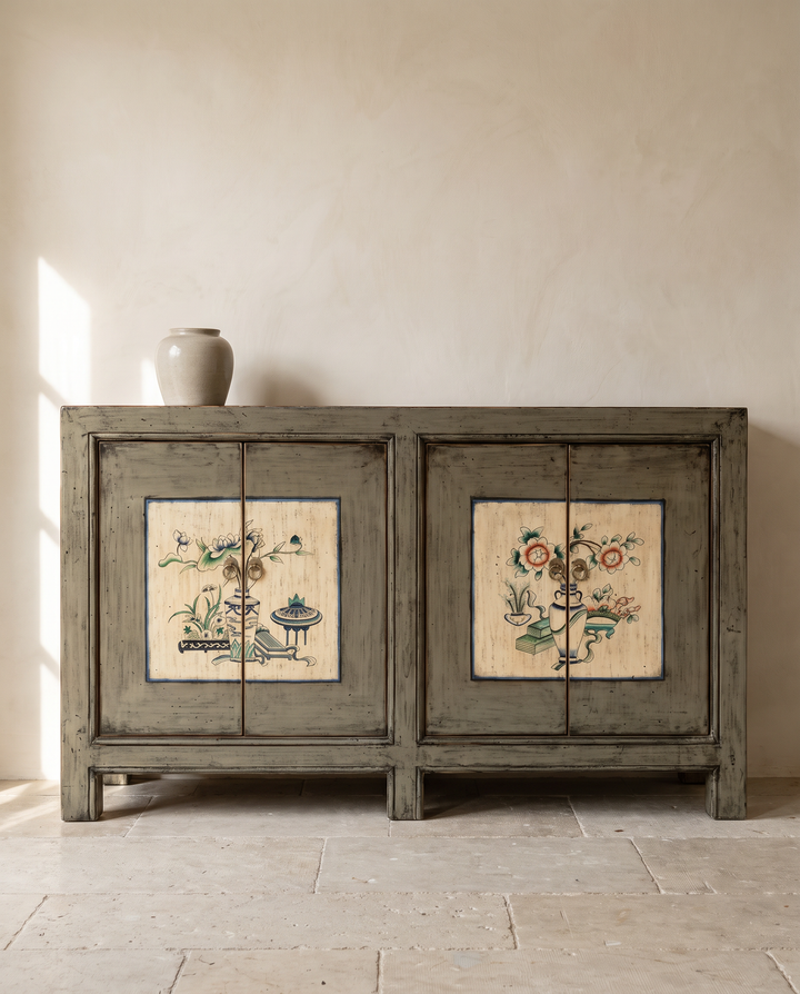 Distressed Grey Hand-Painted Pine Four Door Sideboard