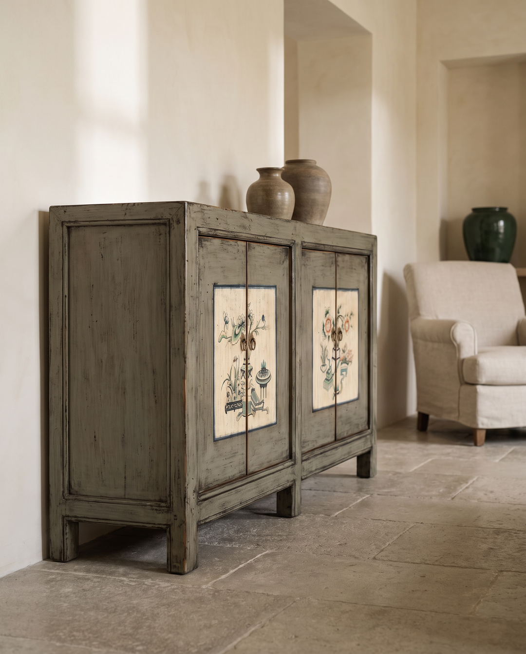 Distressed Grey Hand-Painted Pine Four Door Sideboard