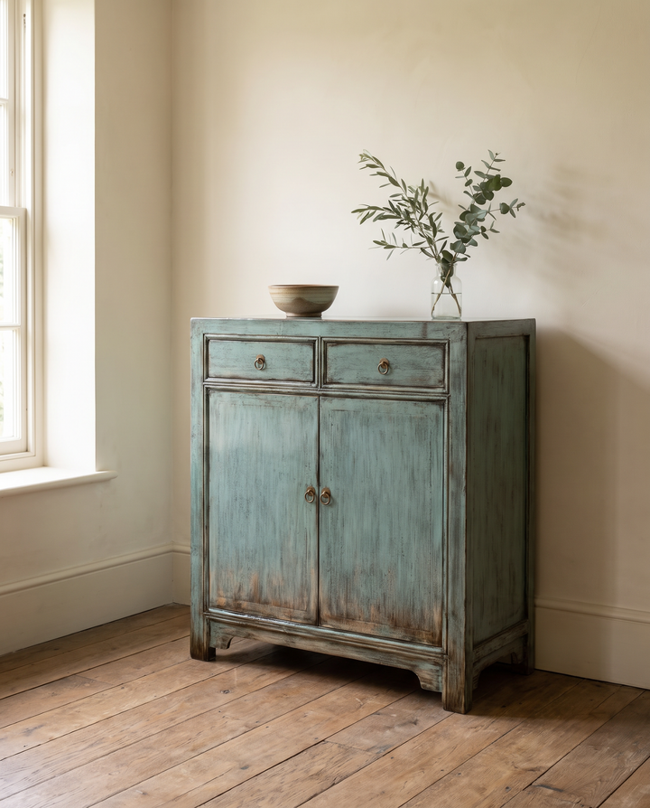 Hand-lacquered blue-green solid elm sideboard in dining room