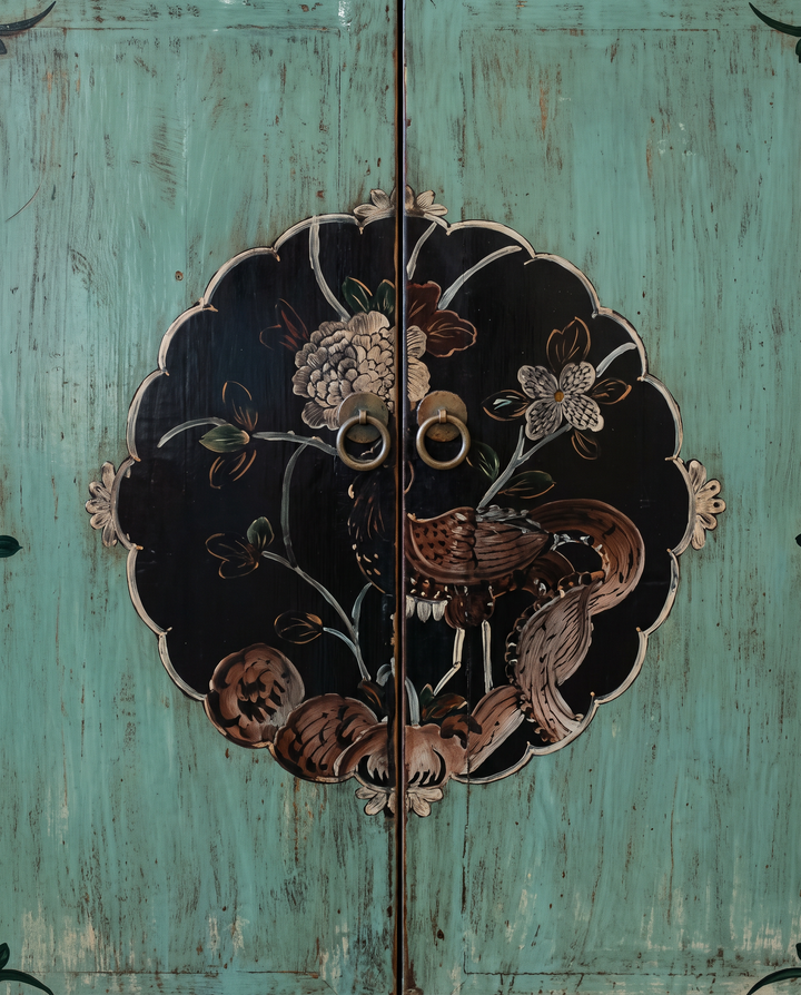 Hand-Painted Turquoise Pine Sideboard with Floral &amp; Bird Detail