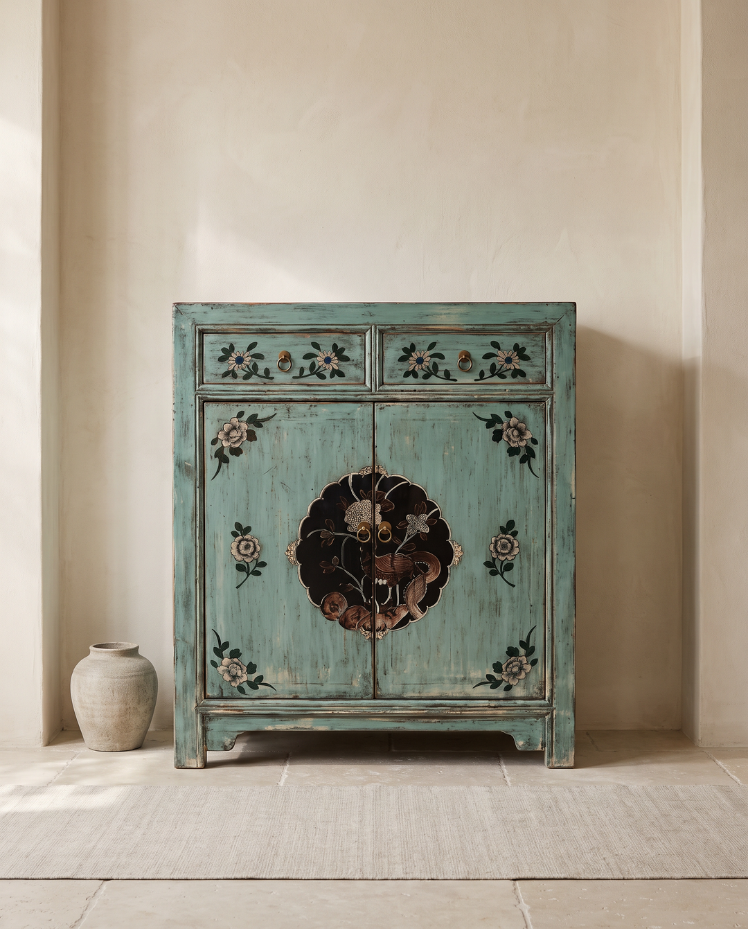Hand-Painted Turquoise Pine Sideboard with Floral &amp; Bird Detail