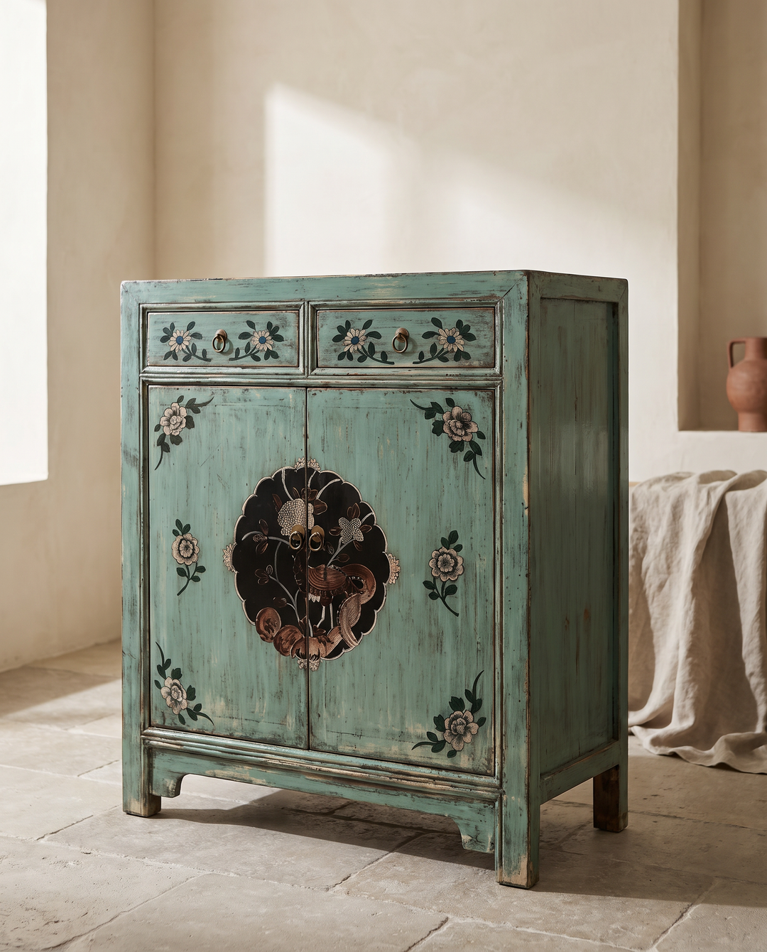 Hand-Painted Turquoise Pine Sideboard with Floral &amp; Bird Detail