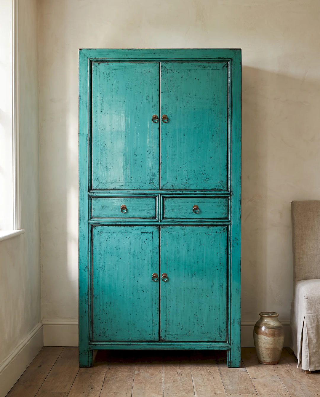 Turquoise Lacquered Pine Cabinet with Four Doors and Two Drawers