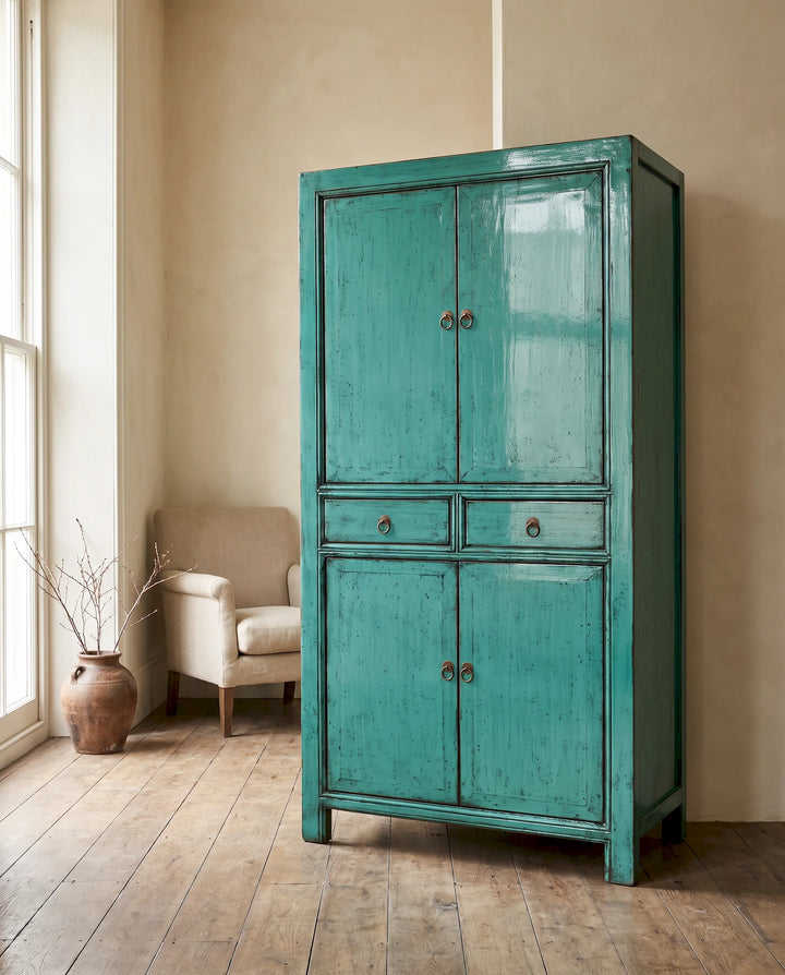 Turquoise Lacquered Pine Cabinet with Four Doors and Two Drawers