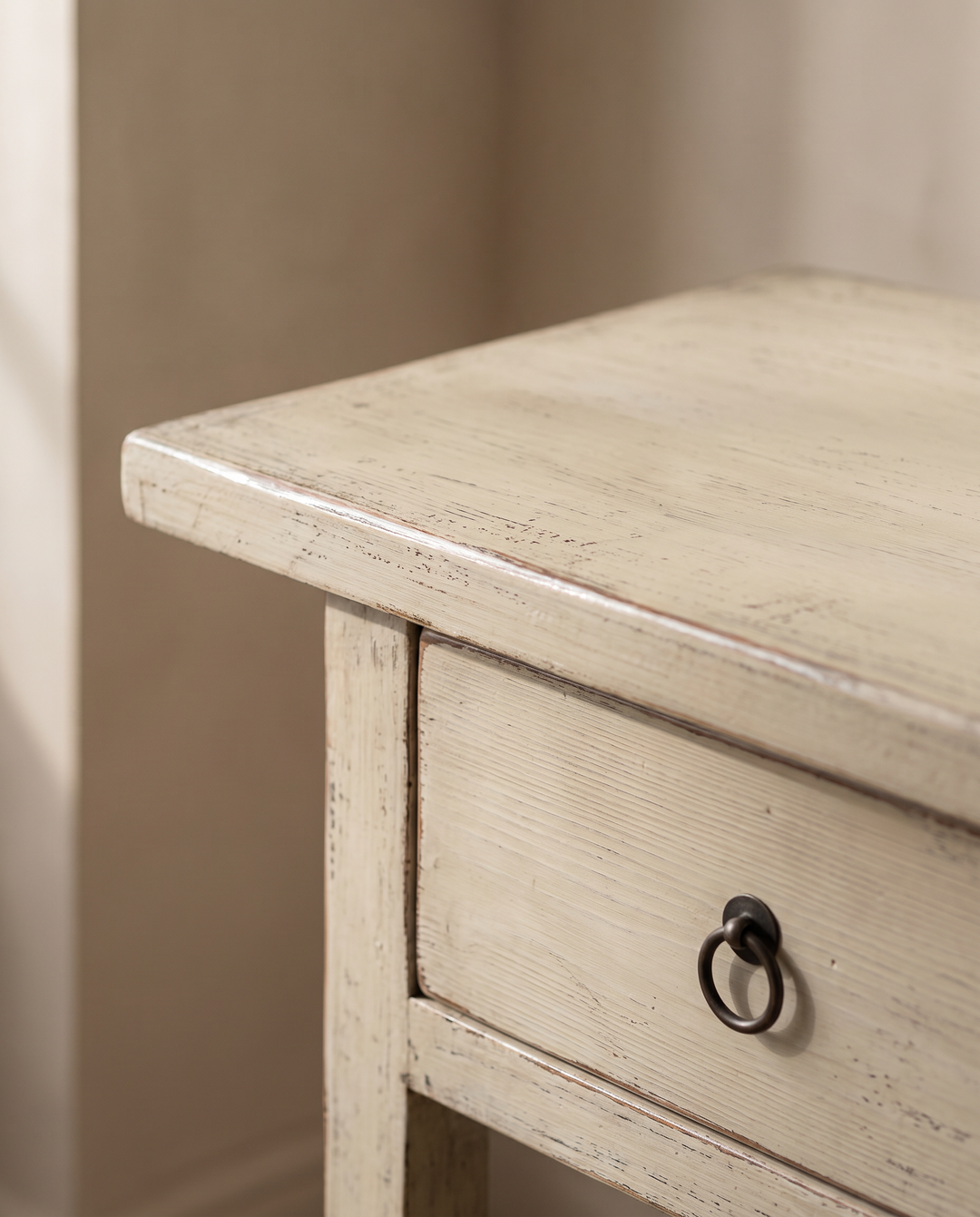 Antique Ivory Lacquered Pine 3 Drawer Console Table