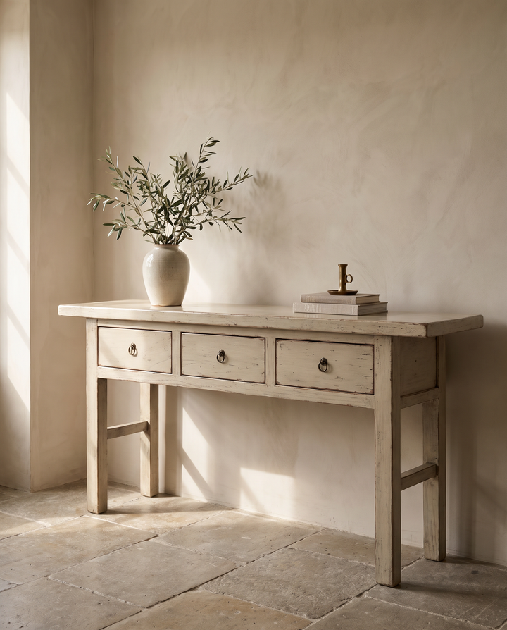 Antique Ivory Lacquered Pine 3 Drawer Console Table