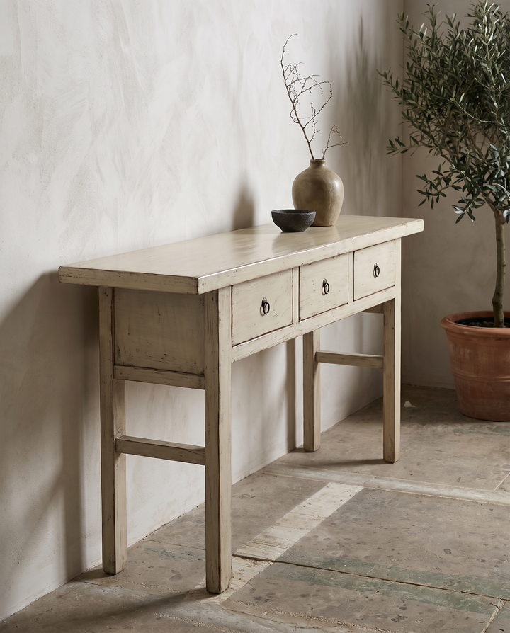 Antique Ivory Lacquered Pine 3 Drawer Console Table