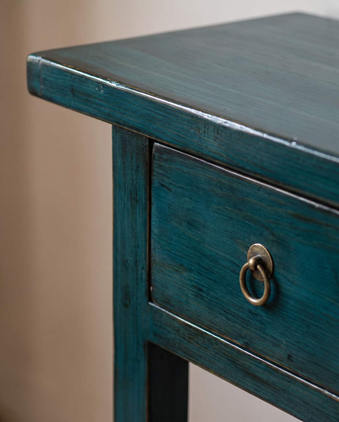 Dark Teal Lacquered Pine 3 Drawer Console Table