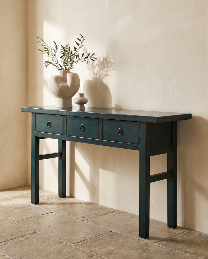 Dark Teal Lacquered Pine 3 Drawer Console Table