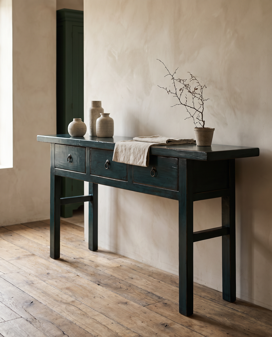 Dark Teal Lacquered Pine 3 Drawer Console Table