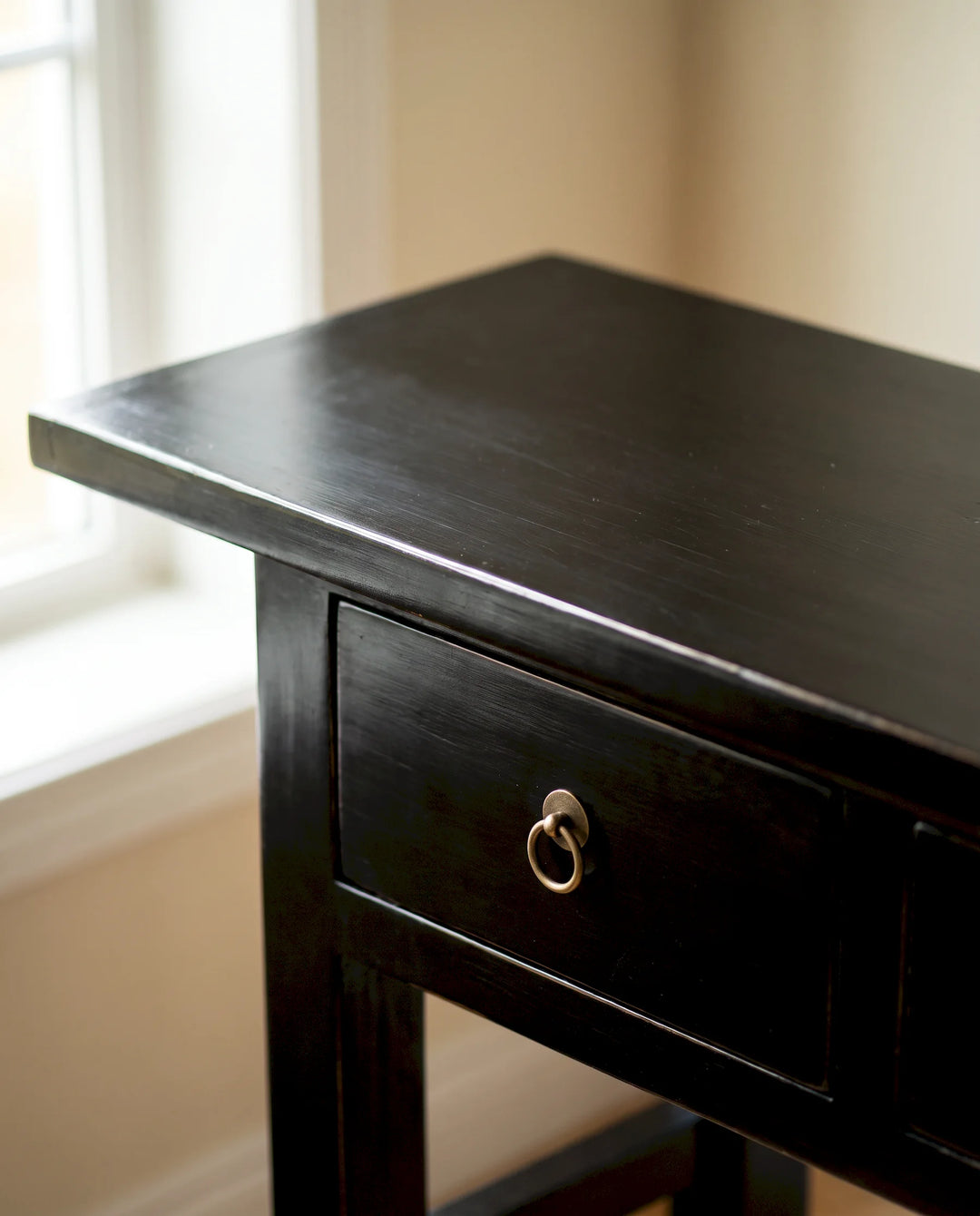 Black Lacquered Pine 3 Drawer Console Table