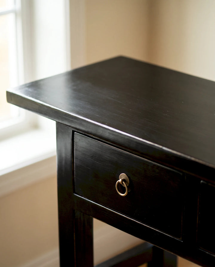 Black Lacquered Pine 3 Drawer Console Table