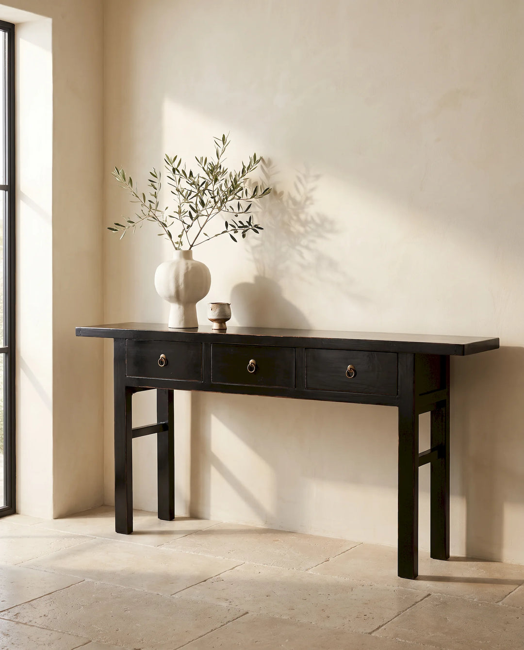 Black Lacquered Pine 3 Drawer Console Table