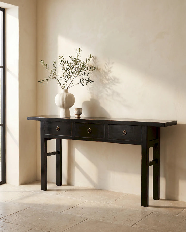 Black Lacquered Pine 3 Drawer Console Table