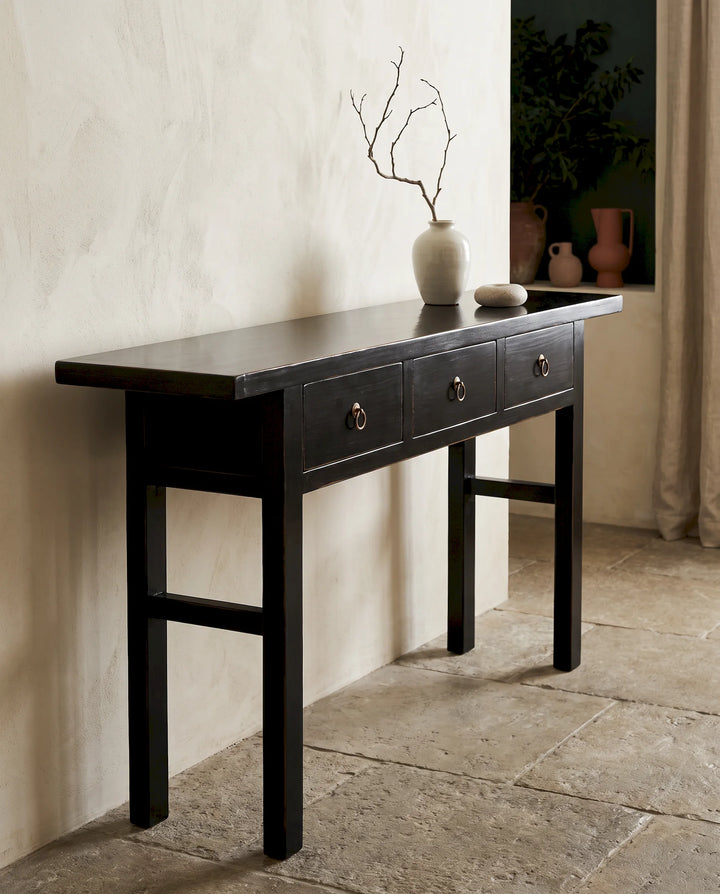 Black Lacquered Pine 3 Drawer Console Table