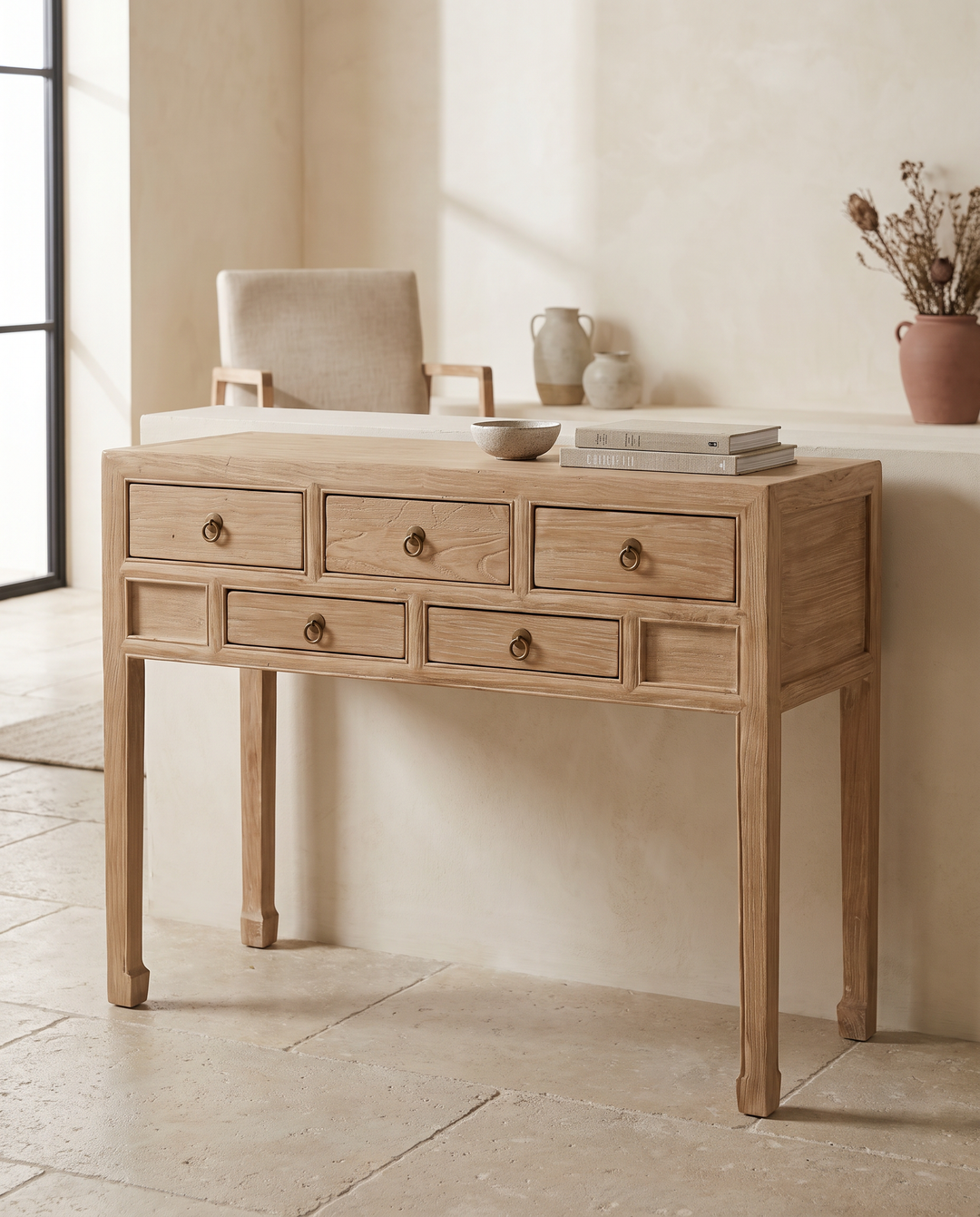 Natural Elm Five Drawer Console Table
