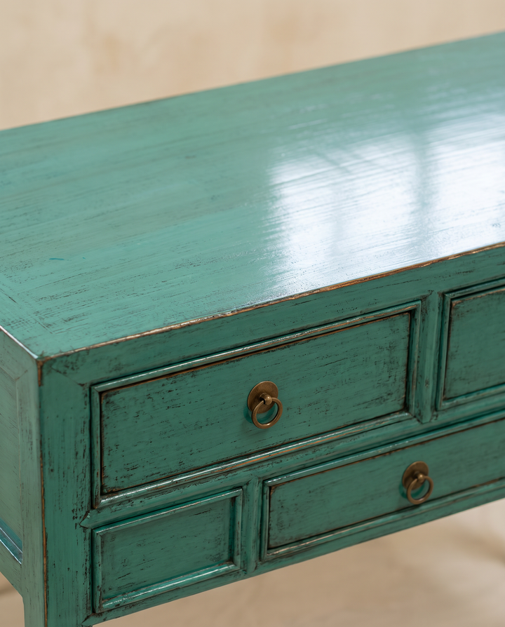 Turquoise Lacquered Pine Five Drawer Console Table