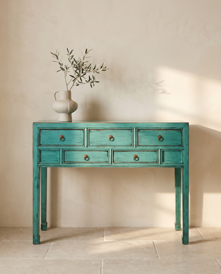 Turquoise Lacquered Pine Five Drawer Console Table