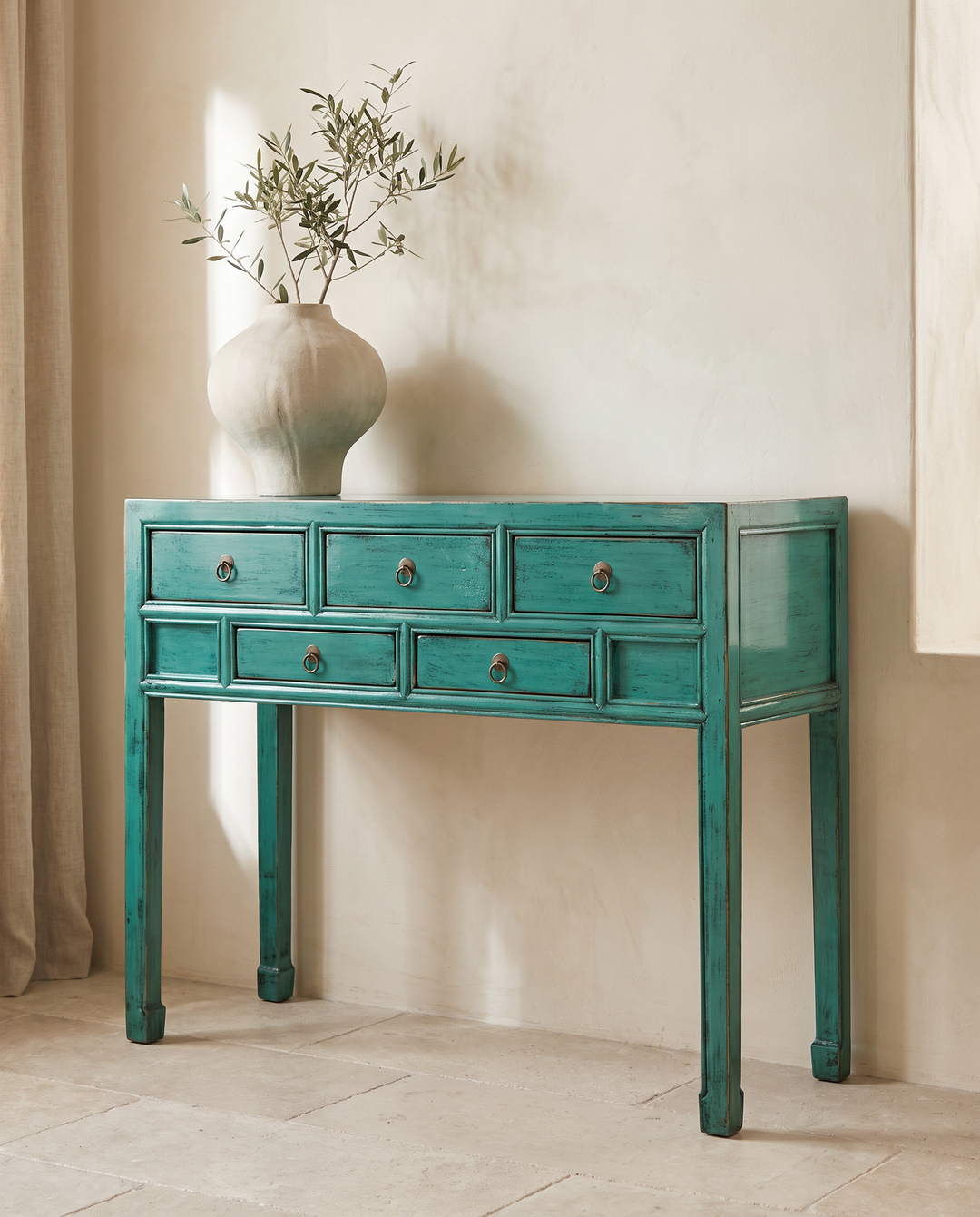 Turquoise Lacquered Pine Five Drawer Console Table