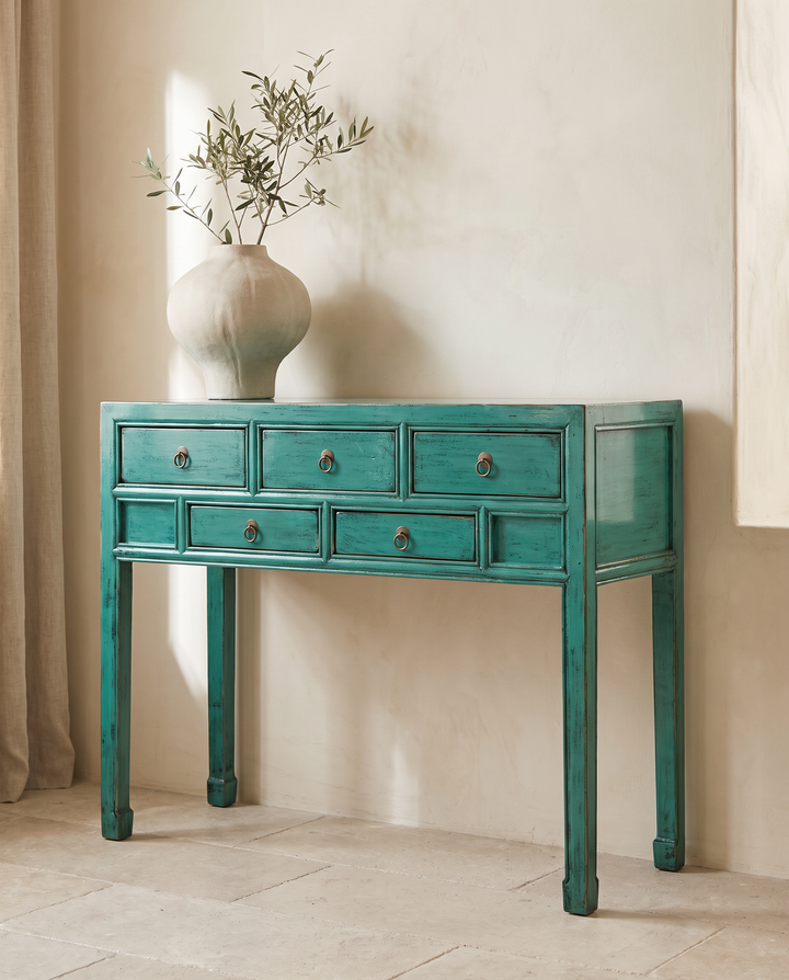 Turquoise Lacquered Pine Five Drawer Console Table