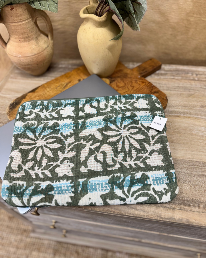 Green Kantha Laptop Sleeve – Vintage Floral Print