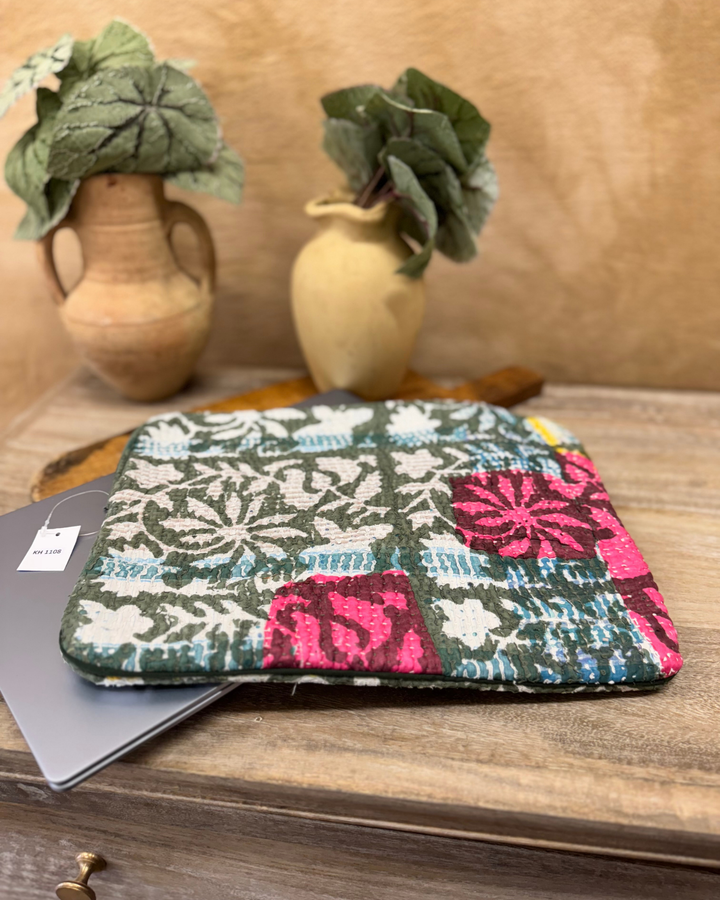 Green Kantha Laptop Sleeve – Vintage Floral Print