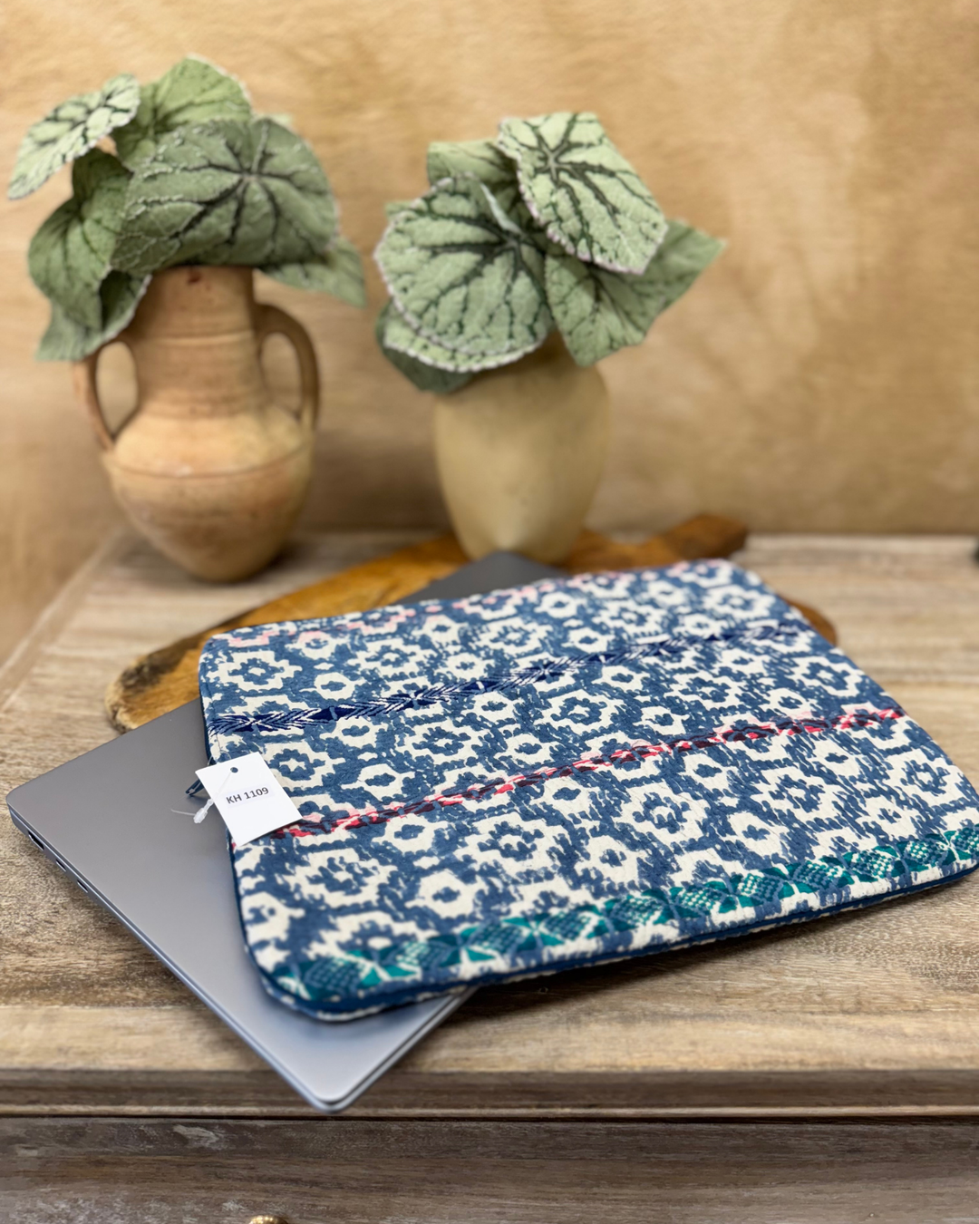 Kantha Laptop Sleeve – Indigo with Red & Navy Stitch