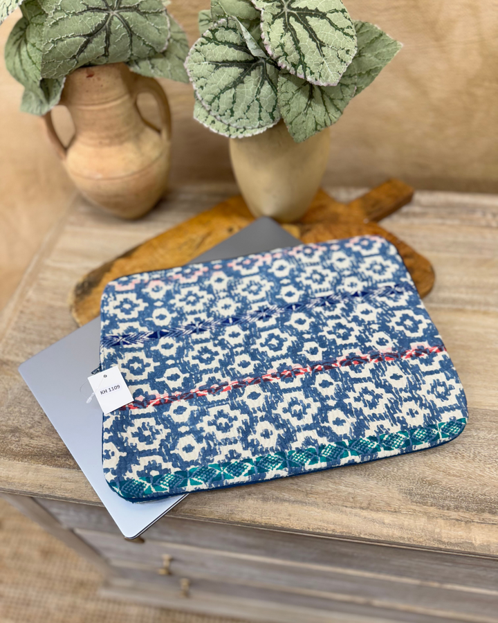 Kantha Laptop Sleeve – Indigo with Red & Navy Stitch