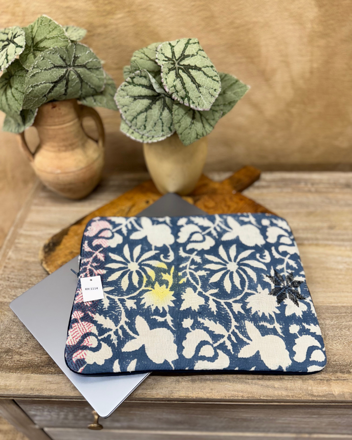 Blue Kantha Laptop Sleeve – Yellow Embroidered Flowers