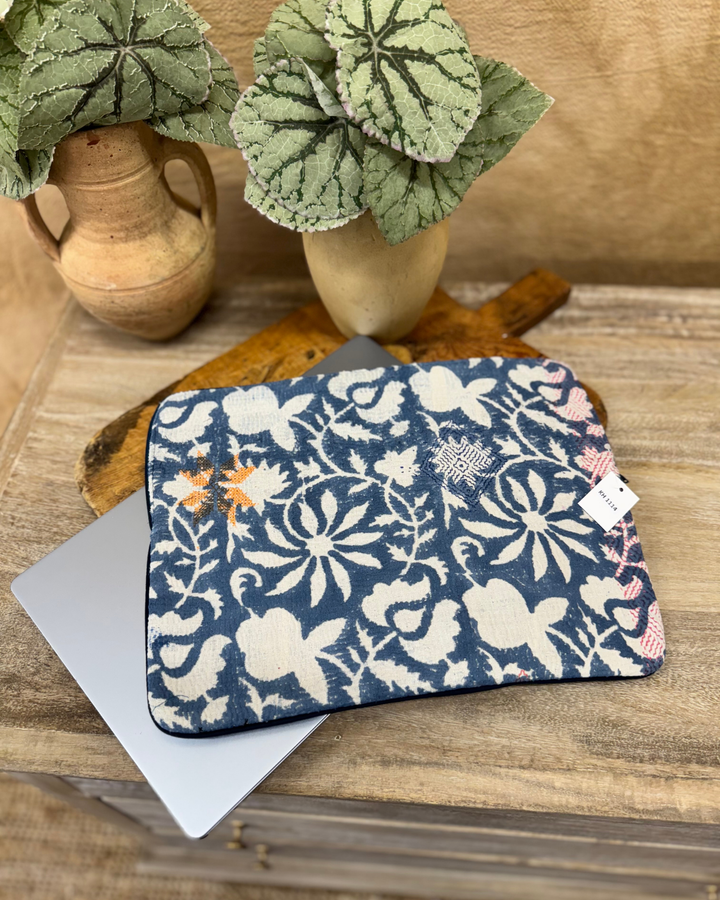 Blue Kantha Laptop Sleeve – Yellow Embroidered Flowers