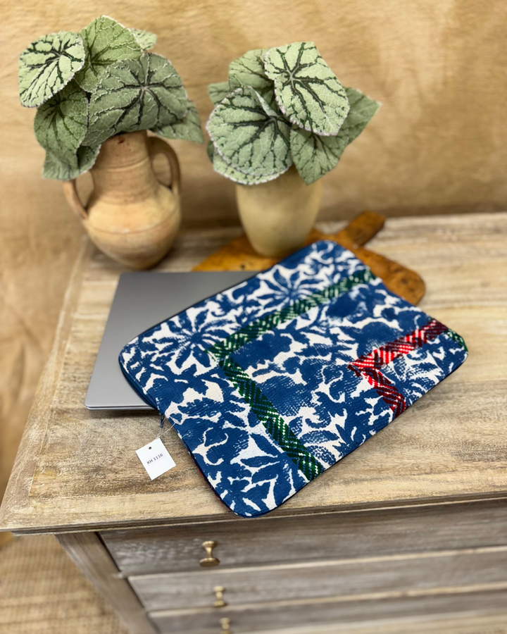 Kantha Laptop Sleeve – Indigo & Green Patchwork Design