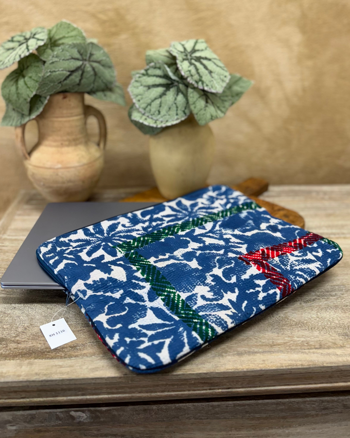 Kantha Laptop Sleeve – Indigo & Green Patchwork Design