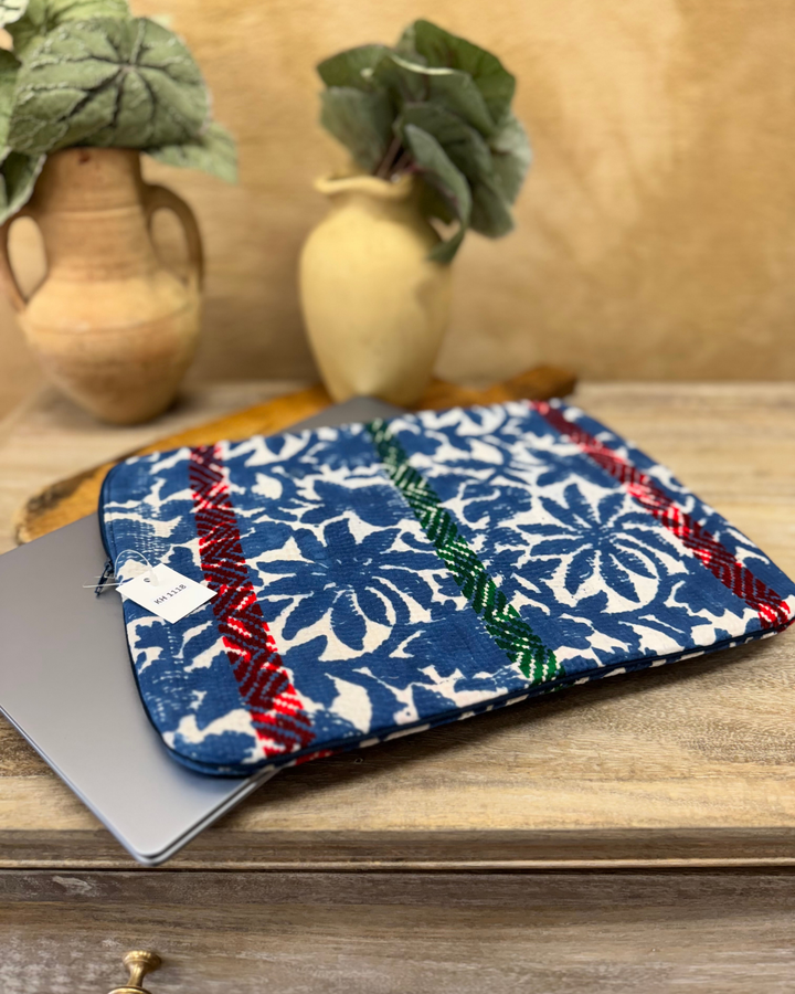 Navy Kantha Laptop Sleeve – Red & Green Striped Stitch