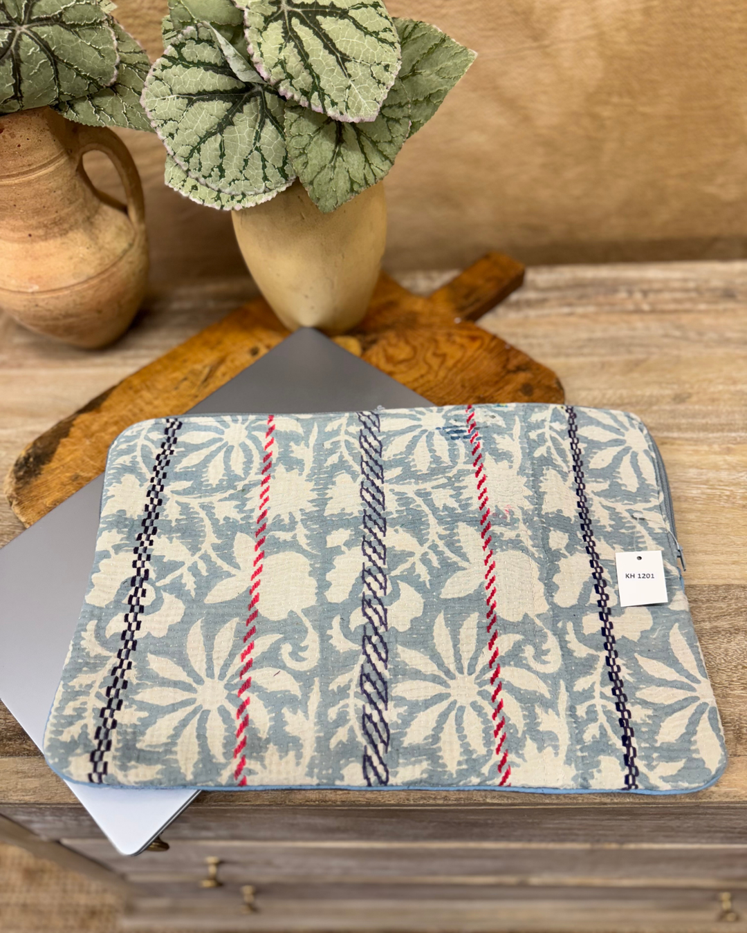 Repurposed Sari Laptop Case – Floral Kantha Stitch in Blue & Red