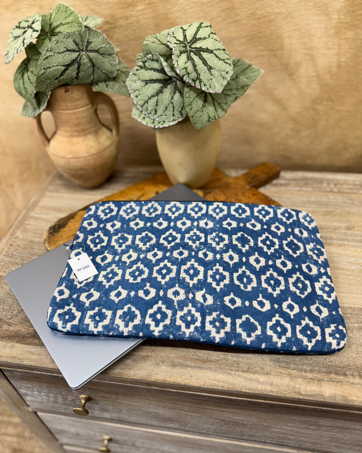 Repurposed Sari Laptop Case – Indigo Geometric Block Print