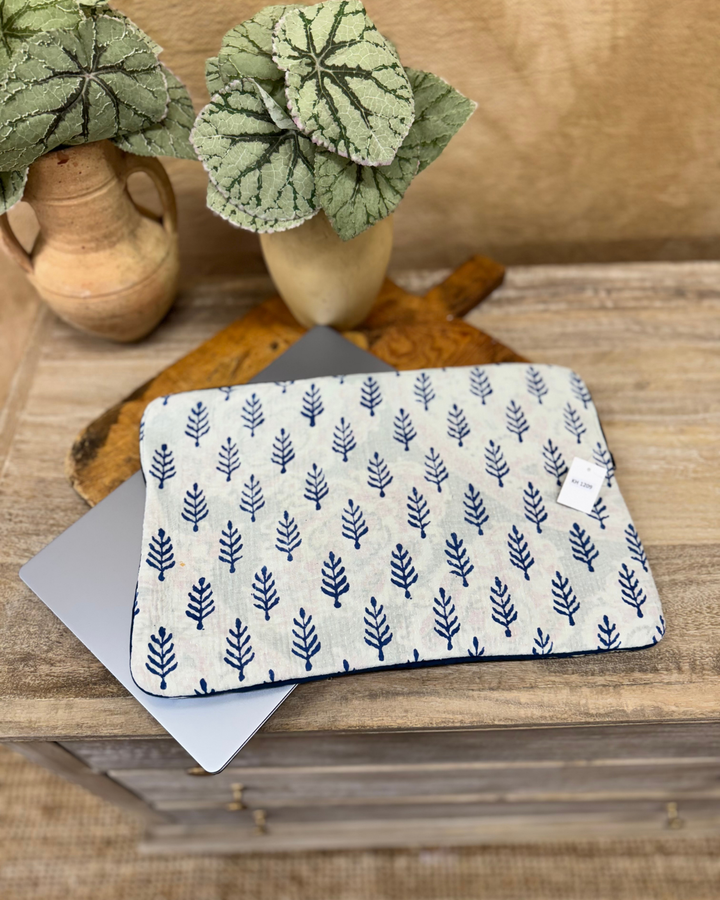 Repurposed Sari Laptop Case – Soft Cream with Navy Tree Motif