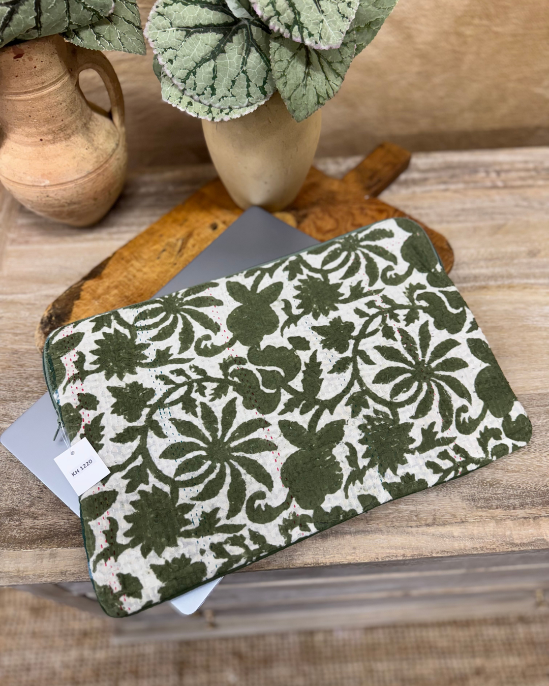 Repurposed Sari Laptop Case – Deep Green Floral with Colour Stitch