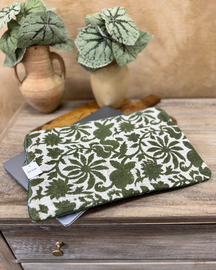 Repurposed Sari Laptop Case – Deep Green Floral with Colour Stitch