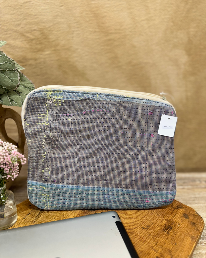 Kantha Tablet Sleeve (10") – Charcoal Grid Kantha Stitch
