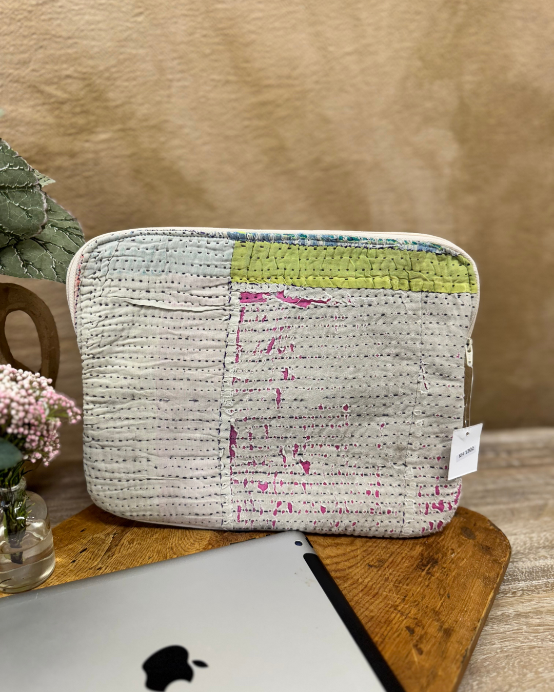 Kantha Tablet Sleeve (10") – Charcoal Grid Kantha Stitch