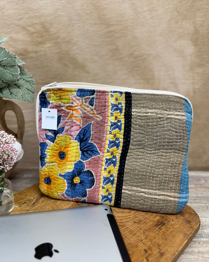 Kantha Tablet Sleeve (10") – Red Floral Kantha Stitch