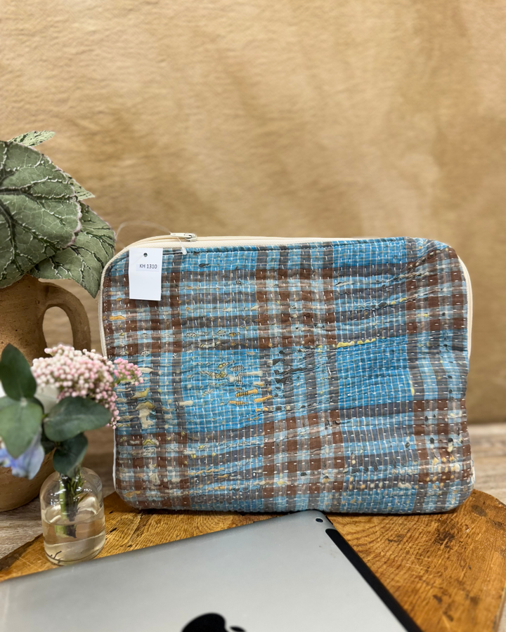 Kantha Tablet Sleeve (10") – Teal & Rust Check Kantha Stitch
